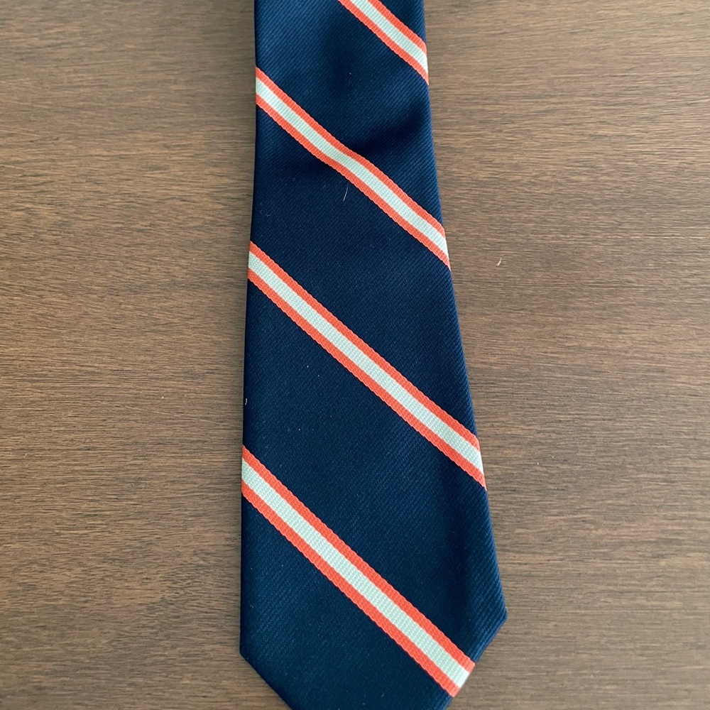 J. Crew classic rep tie blue with white and orange stripe. Perfect condition.